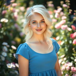 A 20-year-old woman with striking blue eyes and platinum blonde hair styled in soft waves, complemented by matching platinum blonde eyebrows