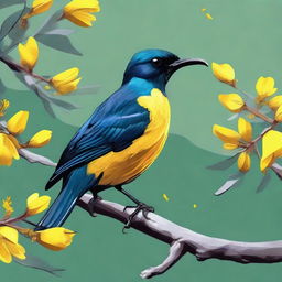 A revised digital art piece, featuring a tui bird perched on a branch of a kowhai tree with its vibrant yellow flowers