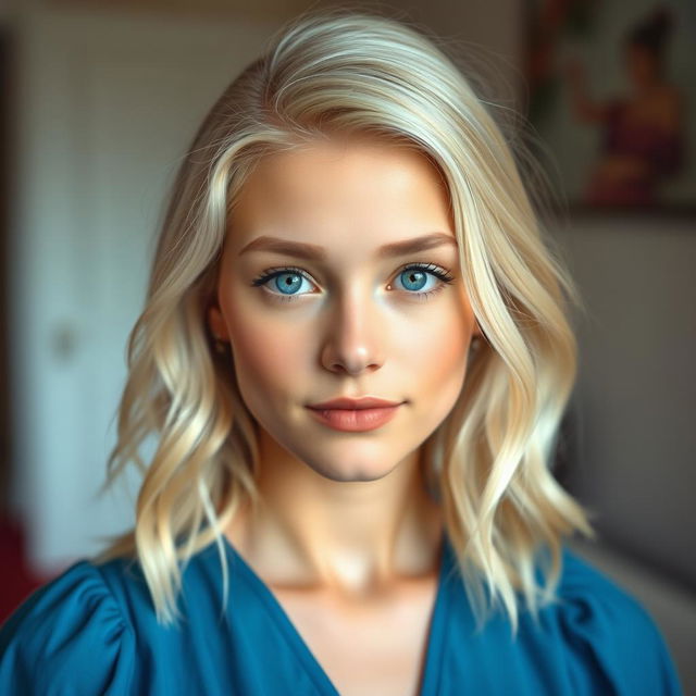 A 25-year-old woman with enchanting blue eyes and platinum blonde hair, styled to complement her platinum blonde eyebrows, embodies a sweet girl-next-door aesthetic