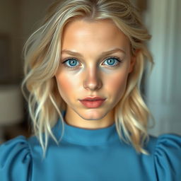 A 25-year-old woman with enchanting blue eyes and platinum blonde hair, styled to complement her platinum blonde eyebrows, embodies a sweet girl-next-door aesthetic