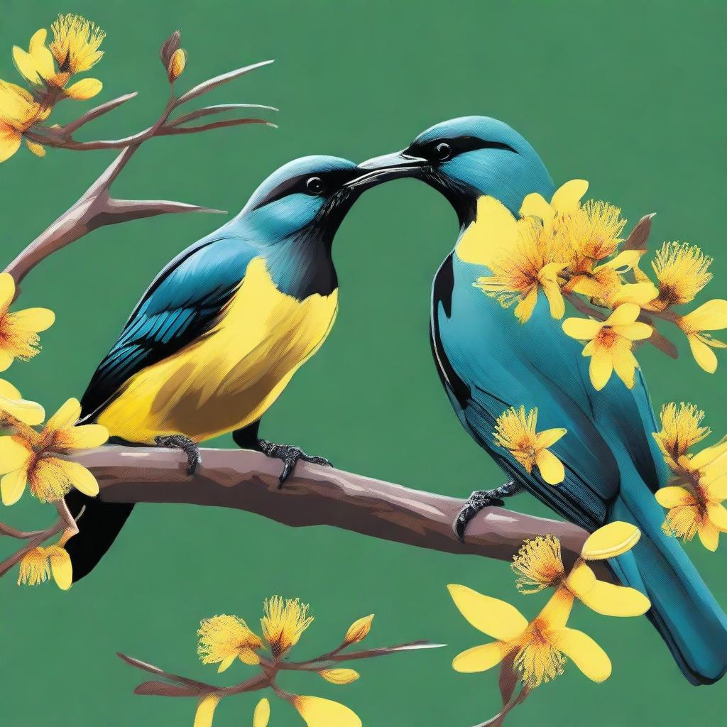 An updated digital art piece, now featuring not one, but three tui birds, each perched on a branch of a kowhai tree with vibrant yellow flowers