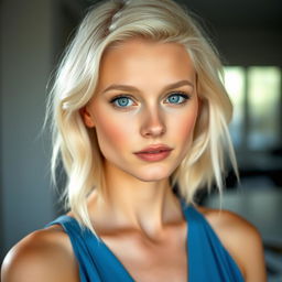 A 25-year-old woman with enchanting blue eyes and platinum blonde hair, styled to complement her platinum blonde eyebrows, embodies a sweet girl-next-door aesthetic