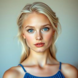 A 25-year-old woman with enchanting blue eyes and platinum blonde hair, styled to complement her platinum blonde eyebrows, embodies a sweet girl-next-door aesthetic