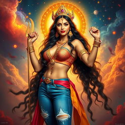 A captivating portrayal of Tripura Sundari, the most beautiful goddess, wearing stylish and form-fitting sexy jeans that highlight her divine figure