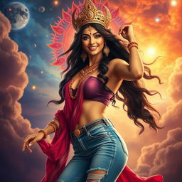 A captivating portrayal of Tripura Sundari, the most beautiful goddess, wearing stylish and form-fitting sexy jeans that highlight her divine figure