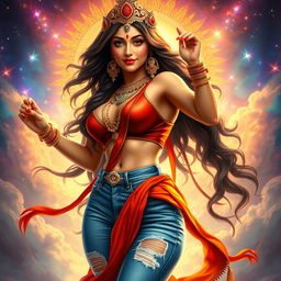 A captivating portrayal of Tripura Sundari, the most beautiful goddess, wearing stylish and form-fitting sexy jeans that highlight her divine figure