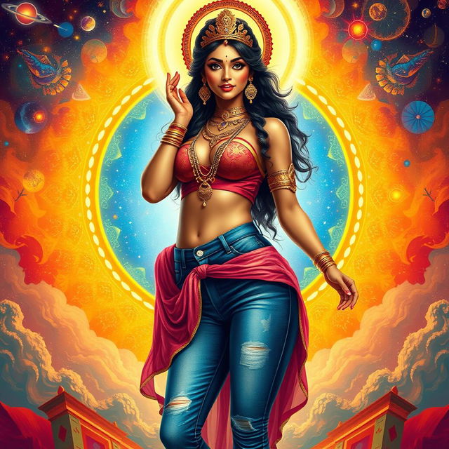 A captivating portrayal of Tripura Sundari, the most beautiful goddess, wearing stylish and form-fitting sexy jeans that highlight her divine figure