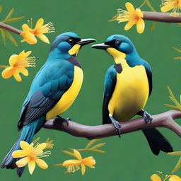 An updated digital art piece, now featuring not one, but three tui birds, each perched on a branch of a kowhai tree with vibrant yellow flowers