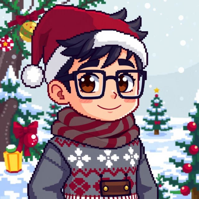 A pixel art character of a boy with dark hair, brown eyes, and square glasses, featuring bristle on his face