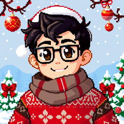 A pixel art character of a boy with dark hair, brown eyes, and square glasses, featuring bristle on his face