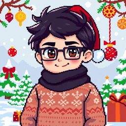 A pixel art character of a boy with dark hair, brown eyes, and square glasses, featuring bristle on his face