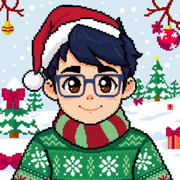 A pixel art character of a boy with dark hair, brown eyes, and square glasses, featuring bristle on his face