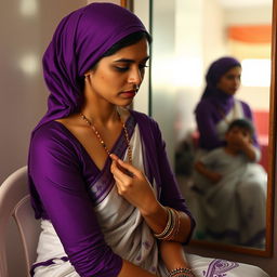 A scene depicting a beautiful woman sitting in front of a dressing room, gently untying her necklace