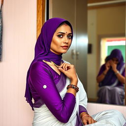 A scene depicting a beautiful woman sitting in front of a dressing room, gently untying her necklace