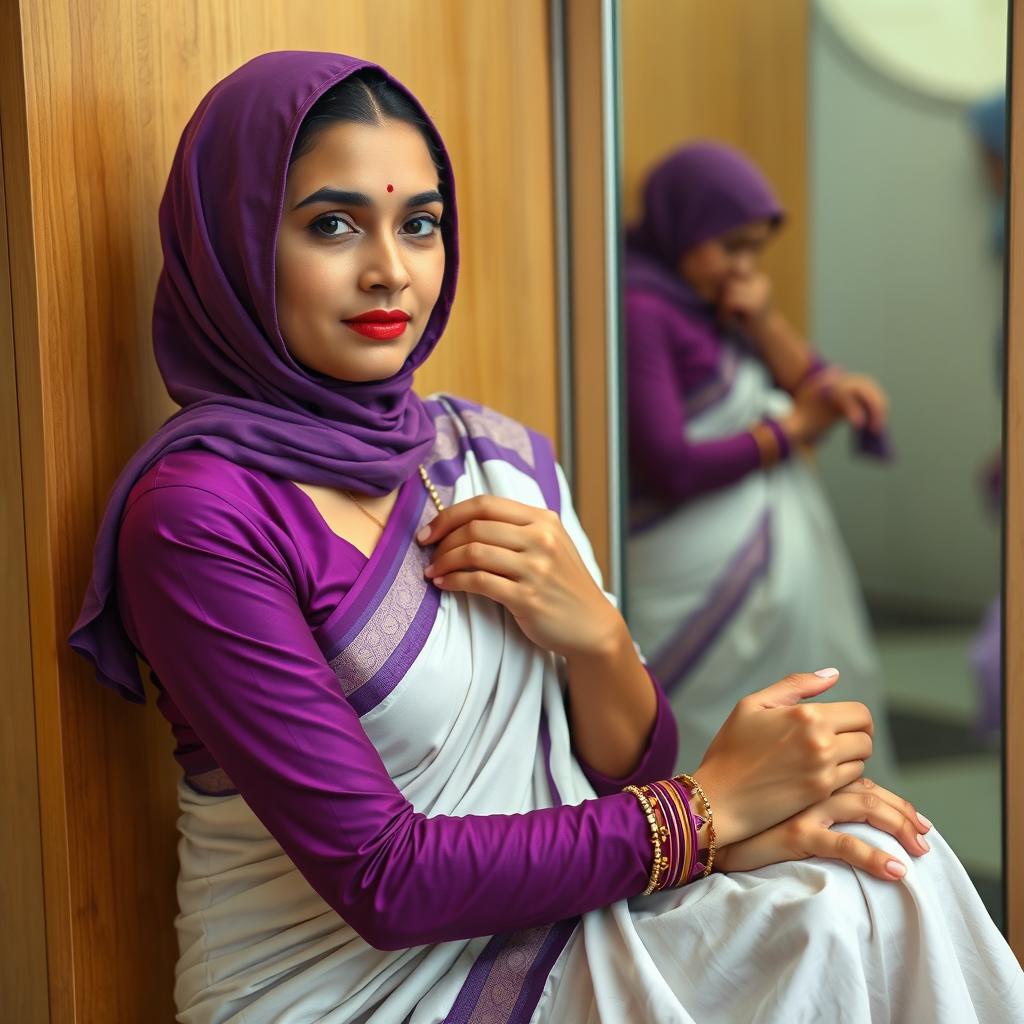 A scene depicting a beautiful woman sitting in front of a dressing room, gently untying her necklace