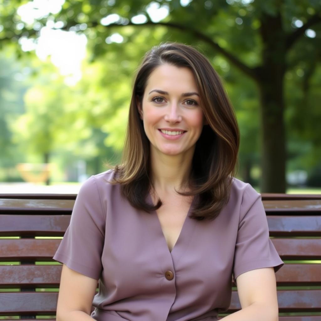 A 36-year-old woman with medium-length hair and fair skin sitting on a park bench outdoors