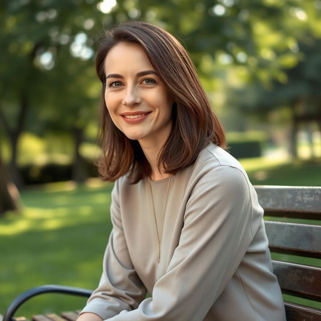 A 36-year-old woman with medium-length hair and fair skin sitting on a park bench outdoors