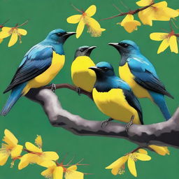 An updated digital art piece, now featuring not one, but three tui birds, each perched on a branch of a kowhai tree with vibrant yellow flowers