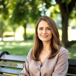 A 36-year-old woman with medium-length hair and fair skin sitting on a park bench outdoors