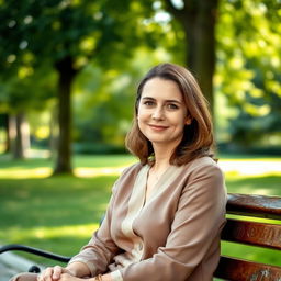 A 36-year-old woman with medium-length hair and fair skin sitting on a park bench outdoors