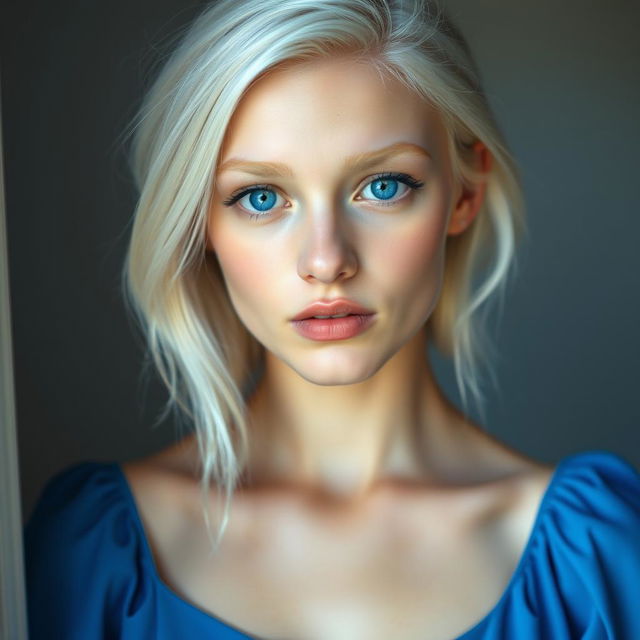 A beautiful 25-year-old albino woman with striking blue eyes and platinum blonde hair, matching her platinum blonde eyebrows, exuding a sweet girl-next-door vibe