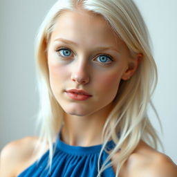 A beautiful 25-year-old albino woman with striking blue eyes and platinum blonde hair, matching her platinum blonde eyebrows, exuding a sweet girl-next-door vibe