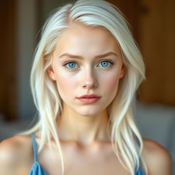 A beautiful 25-year-old albino woman with striking blue eyes and platinum blonde hair, matching her platinum blonde eyebrows, exuding a sweet girl-next-door vibe