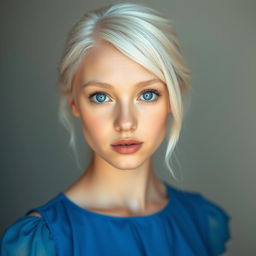 A beautiful 25-year-old albino woman with striking blue eyes and platinum blonde hair, matching her platinum blonde eyebrows, exuding a sweet girl-next-door vibe