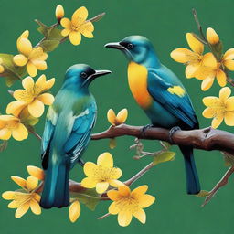 An updated digital art piece, now featuring not one, but three tui birds, each perched on a branch of a kowhai tree with vibrant yellow flowers