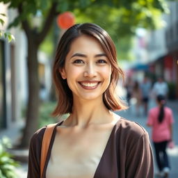 A 32-year-old woman with medium-length hair and fair skin standing outdoors