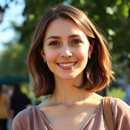 A 32-year-old woman with medium-length hair and fair skin standing outdoors
