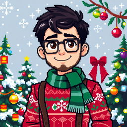 A pixel art character design showcasing a boy with dark hair, brown eyes, and square glasses, featuring a light stubble beard