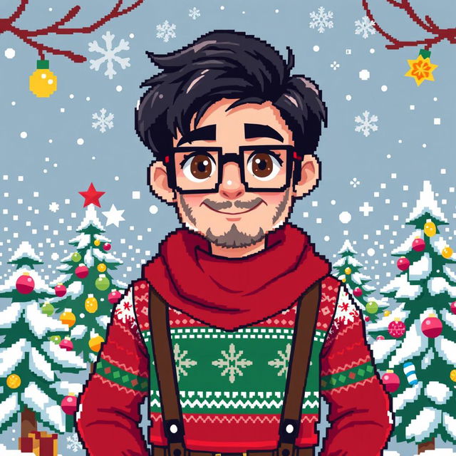 A pixel art character design showcasing a boy with dark hair, brown eyes, and square glasses, featuring a light stubble beard