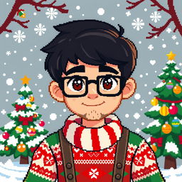 A pixel art character design showcasing a boy with dark hair, brown eyes, and square glasses, featuring a light stubble beard