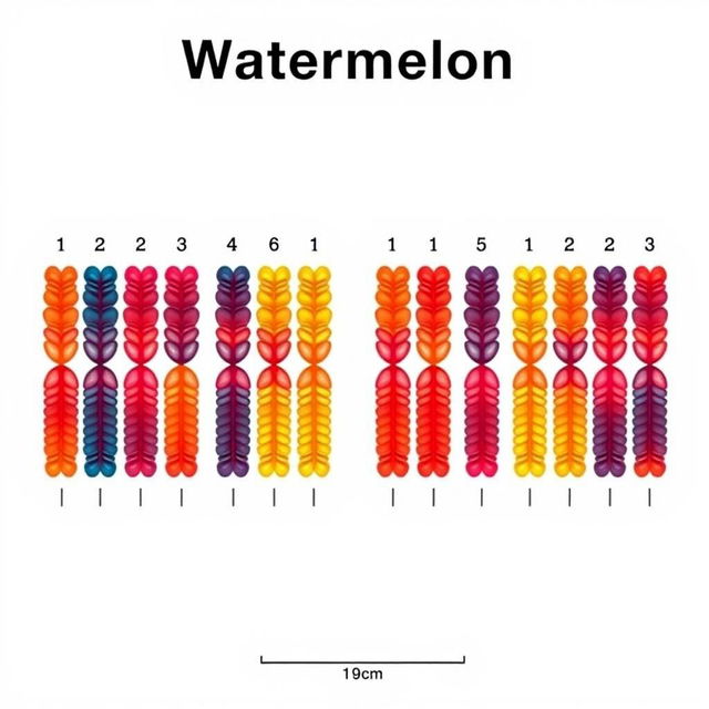 Illustration of the karyotype of a watermelon (Citrullus lanatus) featuring 22 paired chromosomes visibly organized and labeled as chromosome types 1, 2, etc