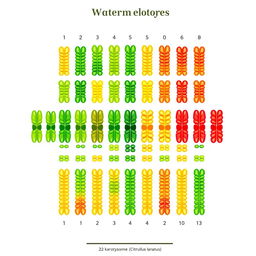 Illustration of the karyotype of a watermelon (Citrullus lanatus) featuring 22 paired chromosomes visibly organized and labeled as chromosome types 1, 2, etc