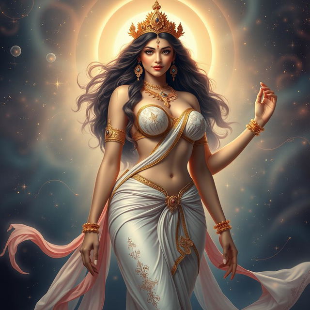 A breathtaking depiction of Tripura Sundari, the quintessential goddess, embodying an ethereal and slender figure that exudes divine femininity