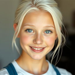 A smiling 22-year-old albino woman with striking green eyes, platinum blonde hair, and matching platinum blonde eyebrows