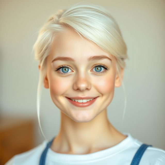 A smiling 22-year-old albino woman with striking green eyes, platinum blonde hair, and matching platinum blonde eyebrows