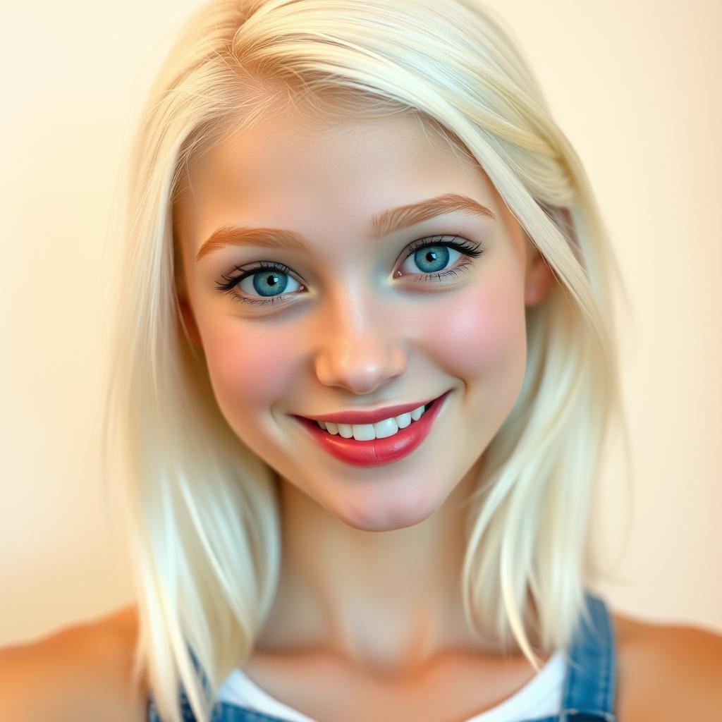 A smiling 22-year-old albino woman with striking green eyes, platinum blonde hair, and matching platinum blonde eyebrows