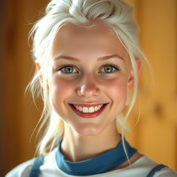 A smiling 22-year-old albino woman with striking green eyes, platinum blonde hair, and matching platinum blonde eyebrows
