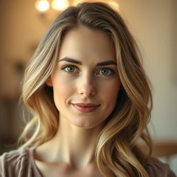 A 34-year-old woman with a gentle appearance, featuring soft brown eyes and a delicately styled hair that flows gracefully around her face