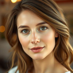 A 34-year-old woman with a gentle appearance, featuring soft brown eyes and a delicately styled hair that flows gracefully around her face