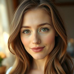 A 34-year-old woman with a gentle appearance, featuring soft brown eyes and a delicately styled hair that flows gracefully around her face