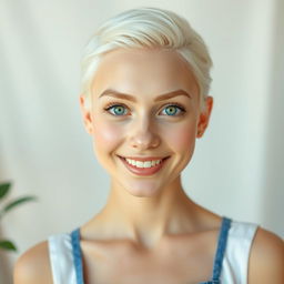 A full body portrait of a smiling 22-year-old albino woman with striking green eyes and platinum blonde hair, complemented by platinum blonde eyebrows