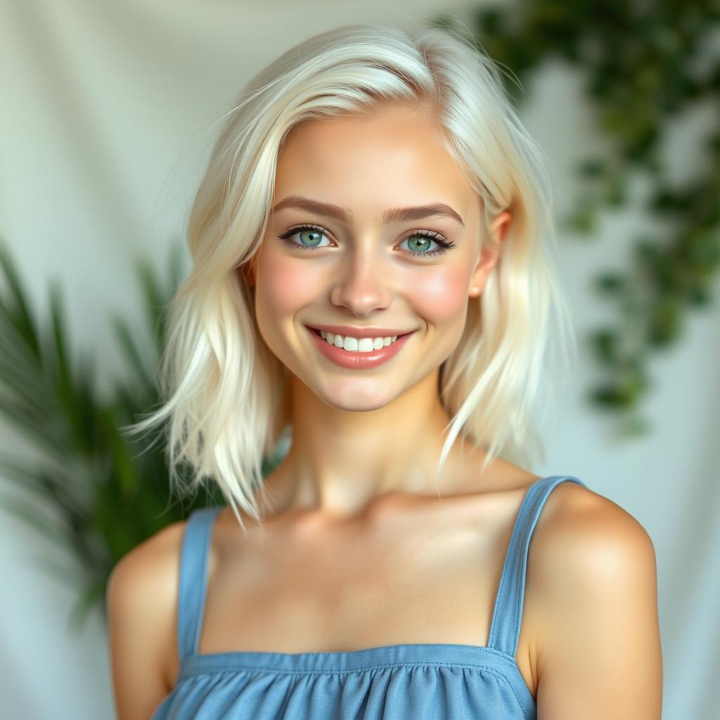 A full body portrait of a smiling 22-year-old albino woman with striking green eyes and platinum blonde hair, complemented by platinum blonde eyebrows