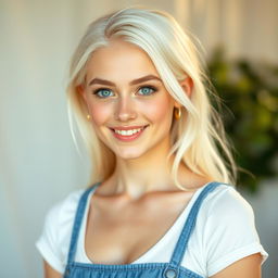 A full body portrait of a smiling 22-year-old albino woman with striking green eyes and platinum blonde hair, complemented by platinum blonde eyebrows