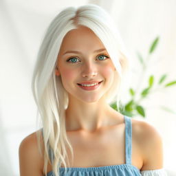 A full body portrait of a smiling 22-year-old albino woman with striking green eyes and platinum blonde hair, complemented by platinum blonde eyebrows