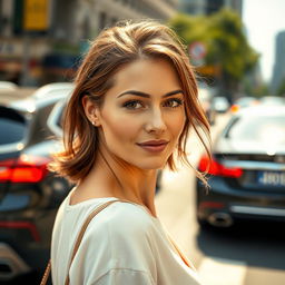 A 34-year-old woman with a gentle appearance, featuring soft brown eyes and a delicate hairstyle, caught in the moment as she crosses a bustling intersection filled with beautiful cars