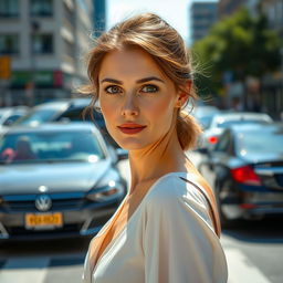 A 34-year-old woman with a gentle appearance, featuring soft brown eyes and a delicate hairstyle, caught in the moment as she crosses a bustling intersection filled with beautiful cars